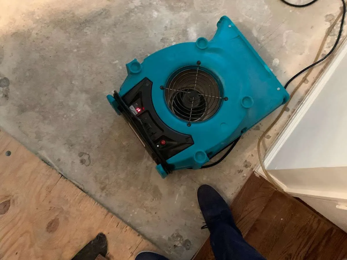 Air mover drying subfloor during Leak Detection & Repair in Columbine
